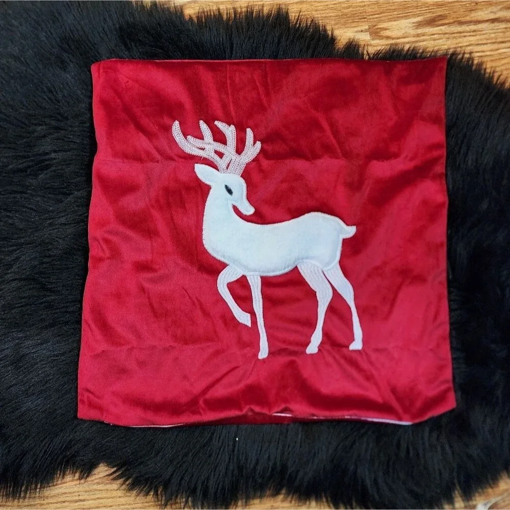 Royal Red Christmas Throw Pillow Cover with White Faux Fur Embroidered Reindeer